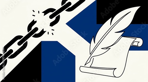 Conceptual illustration of broken chains and quill pen for freedom
