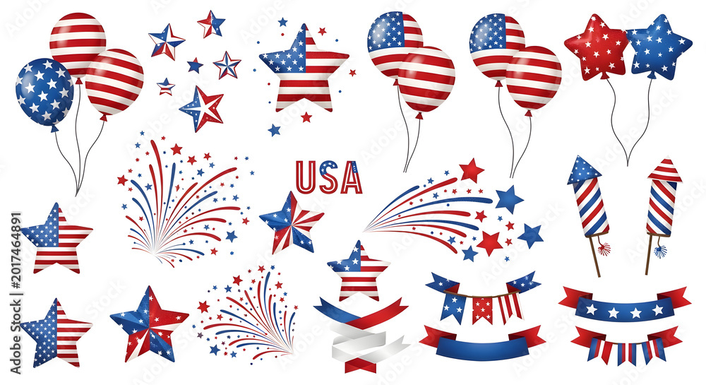Fototapeta premium USA Celebration Clipart Collection With Fireworks