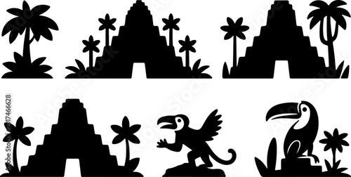 Tableau sur toile Mayan Aztec Temple Pyramid Toucan Tropical Bird Palm Tree Silhouette Vector Set