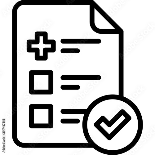 Medical insurance: sheet of paper with medical cross and check mark. Prior authorization. Thin line icon. Vector illustration.