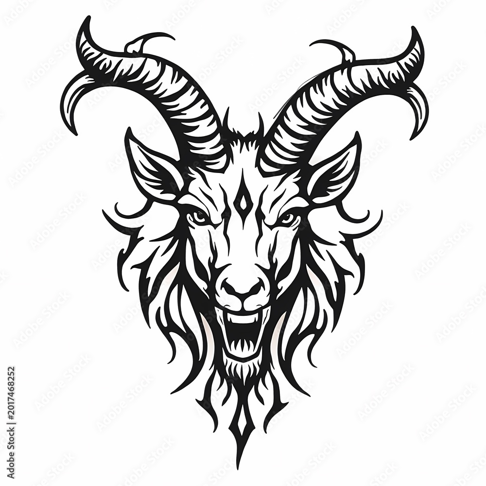 Obraz premium Stylized black and white illustration of an aggressive goat head with large curved horns