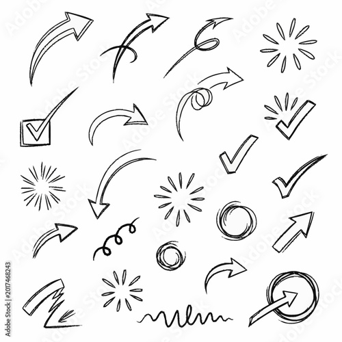 Quadro su tela Collection of hand drawn arrows and check marks in black ink.