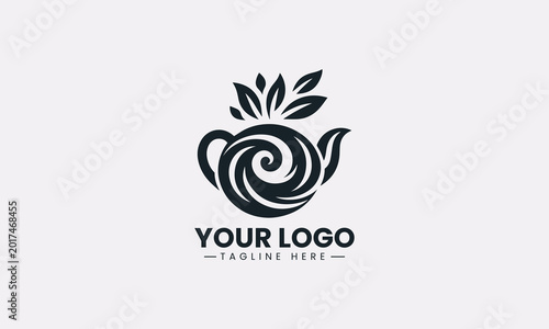 A leaf teapot with swirl is illustrated in minimalist black vector logo design