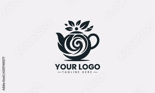 A leaf teapot with swirl is illustrated in minimalist black vector logo design