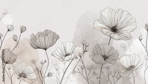 Elegant Floral Line Art with Delicate Poppies in Soft Neutral Tones.