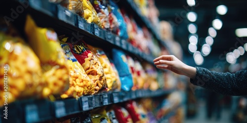 Hand reaches for colorful bags of snacks on a grocery store shelf