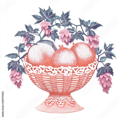 Still Life Basket Of Apples And Hops With Intricate Design Against White Background