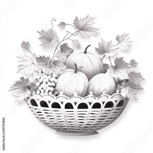 Monochromatic Still Life of Pumpkins Grapes and Maple Leaves in a Woven Basket
