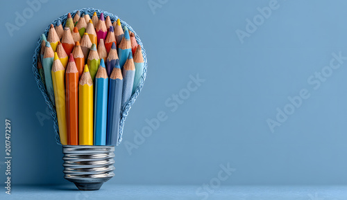 Inside a lightbulb cutout, creative school supplies are displayed that represent education ideas and returning to school.
