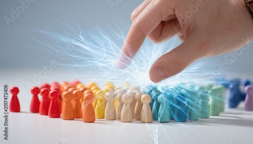 Hand selects a figure from a diverse, colorful crowd, sparking energy