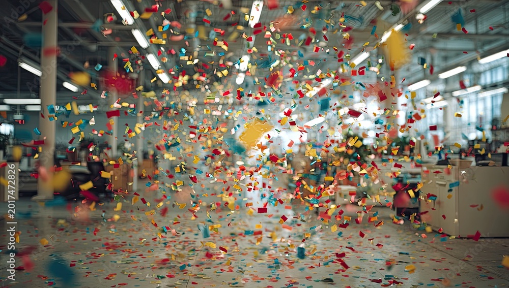 Obraz premium Confetti bursts through a modern office space, showering the scene