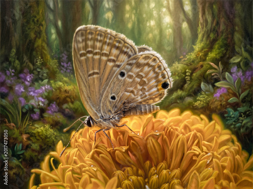 Fine Art Oil Painting of a Butterfly on a Yellow Flower in the Forest