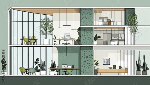 Modern Office Interior Design with Greenery and Natural Light.