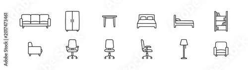 Obraz na płótnie Furniture outline icon set, home interior sofa chair table bed cabinet and lamp