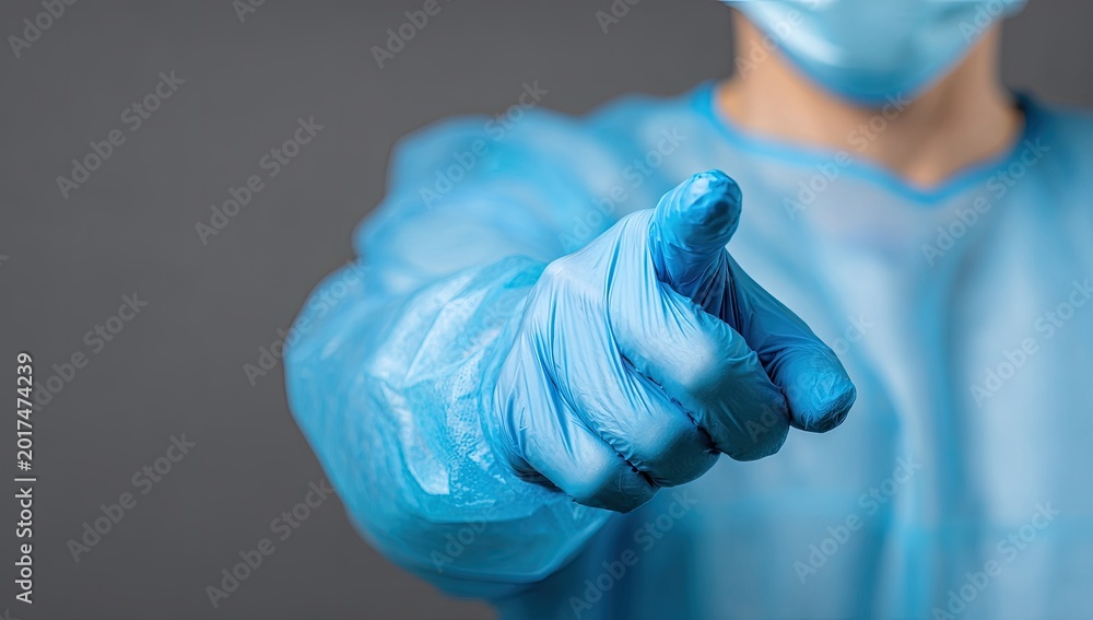 Fototapeta premium Person in blue medical attire points finger forward, towards viewer