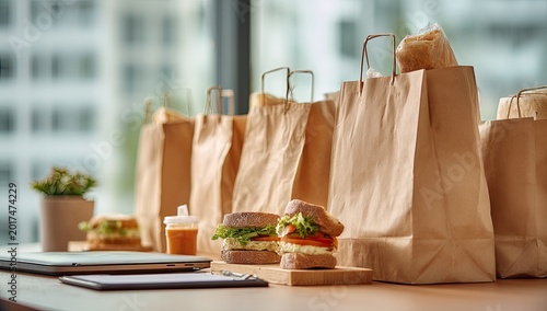 Paper bags with sandwiches and sauces ready for pickup or delivery