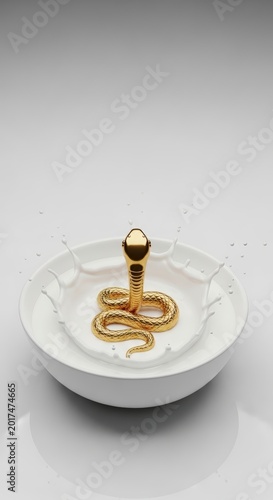 Golden snake coiled around white bowl.
