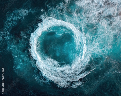 Aerial view of a swirling vortex of turquoise ocean water