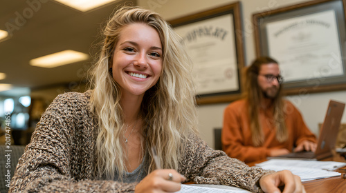 In a campus veterans resource office, a veteran student is filling out paperwork for housing benefits while looking at their framed diploma and discharge certificate on the wall behind the counselor, 