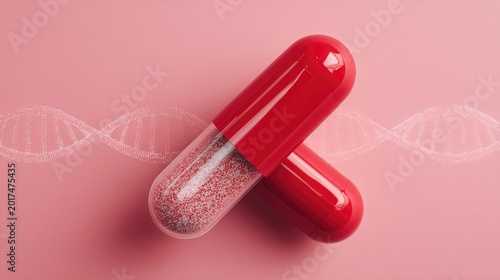 A vibrant red capsule filled with granules rests atop a pink background with DNA strands