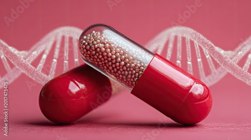 Red capsule with genetic helix background, science, medicine, therapy