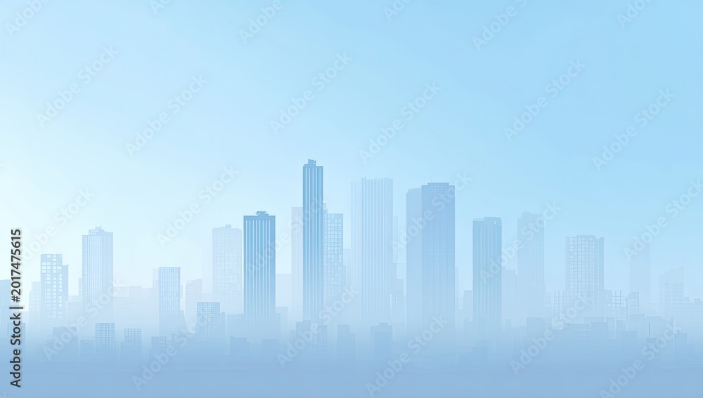 Fototapeta premium Soft blue skyline of tall buildings obscured by atmospheric haze
