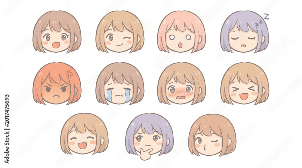 Fototapeta premium Cute chibi anime girl facial expression emoji sticker set