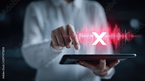 Digitally cancelling noise, a hand touches a tablet displaying a red soundwave with an 