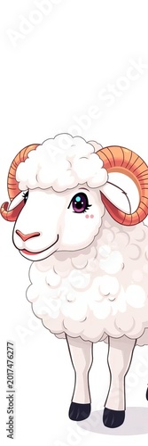 Whimsical sheep illustration with fluffy white coat and curly horns, animal design, artful