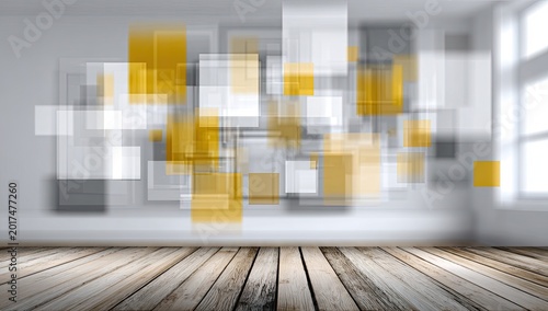 Overlapping translucent squares in golden-gray hues float on wall