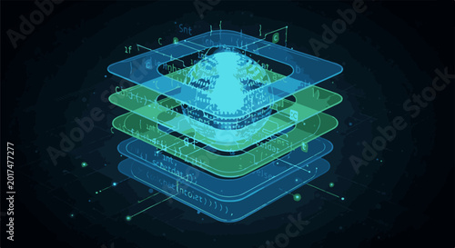 Abstract digital data layers forming a glowing globe, dark background