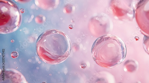 Translucent spheres filled with pink liquid float in a soft, luminous background