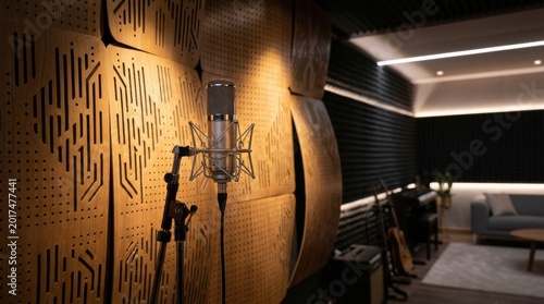 Professional condenser microphone positioned in a warm, acoustically treated music studio with perforated wood panels
