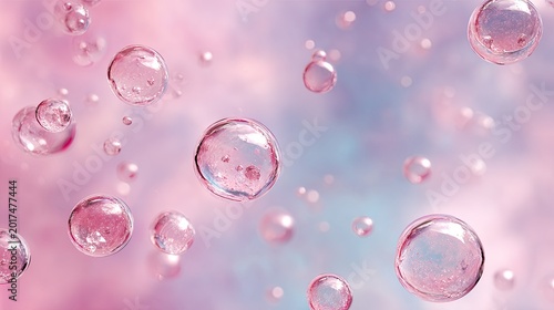 Many clear, pinkish liquid bubbles float against a soft, pastel-colored, cloudy sky