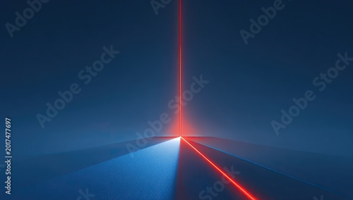 Thin red beam pierces dark blue surface, creating bright light and sharp shadows