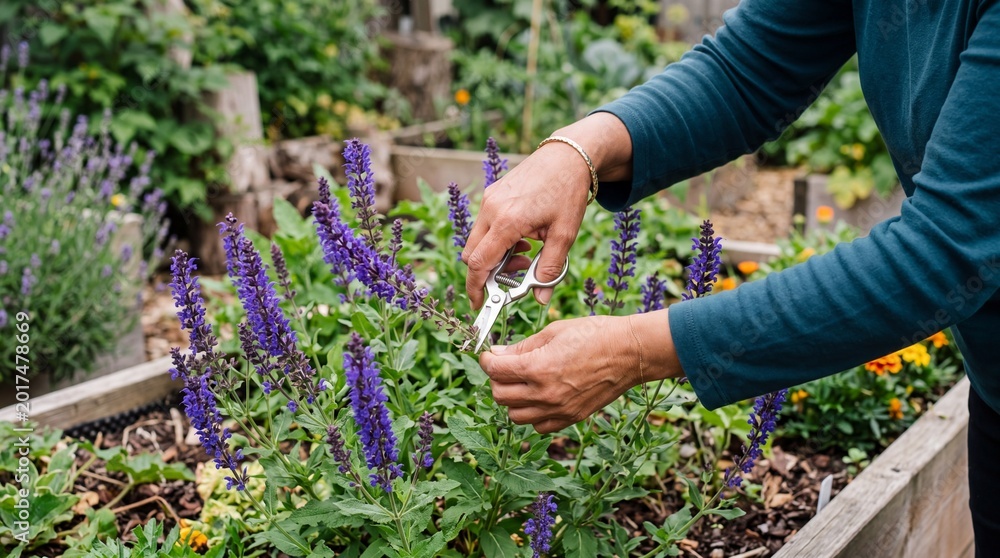 Fototapeta premium Close up of hands pruning purple salvia flowers in a raised garden bed with pruning shears for gardening banner and plant care visuals