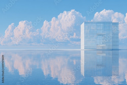 Minimalist glass cube structure emerges from calm water under a bright, cloudy sky