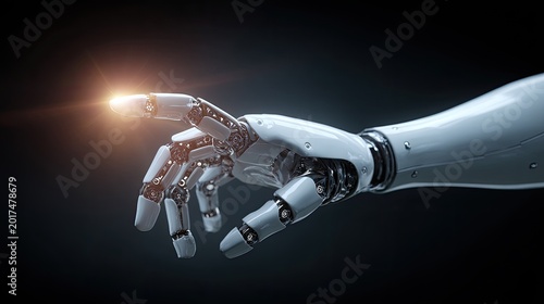 Gleaming robotic hand reaches out, index finger illuminated by bright light