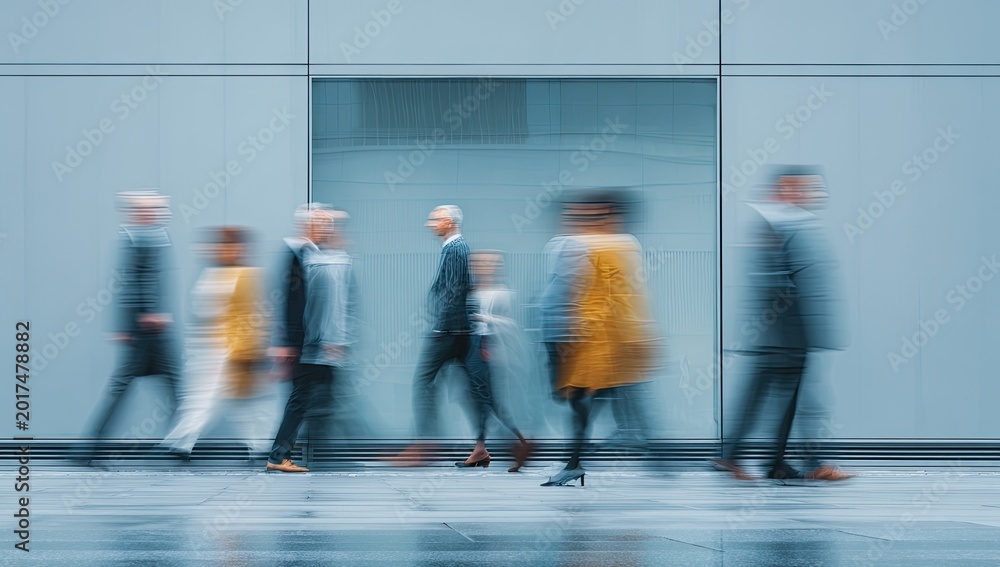Fototapeta premium Blurred motion of diverse business people walking in modern office hallway.