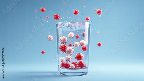 Viruses and water droplets suspended in a clear glass against a blue background