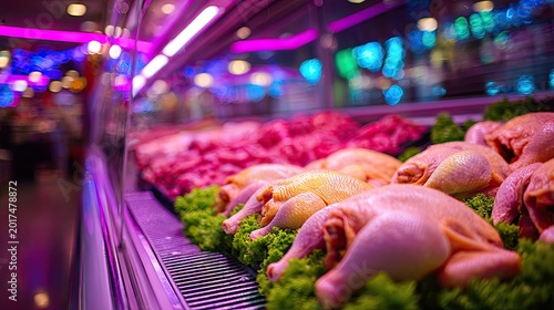 Fresh poultry and raw meats displayed attractively in a brightly lit refrigerated case