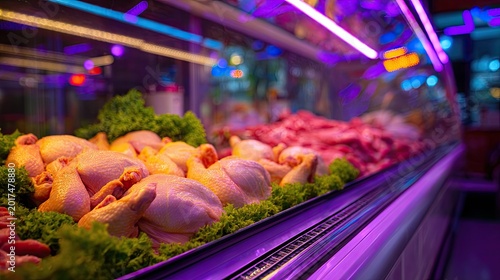 Fresh whole chickens and cuts of red meat displayed under vibrant purple lighting