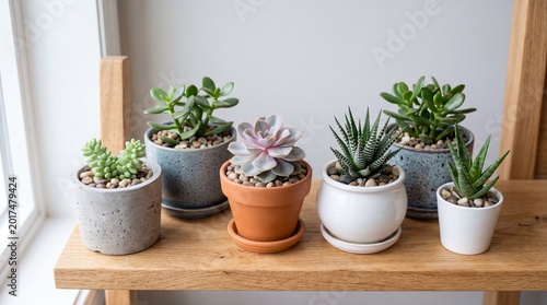 Close up of potted succulent arrangement on a wooden shelf for plant decor background and indoor gardening design