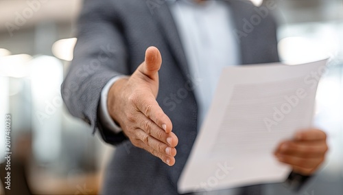Business professional offering a handshake with a document in hand.