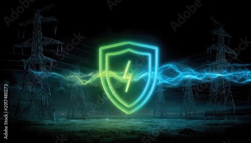 Neon shield with lightning guards power lines against energy surges