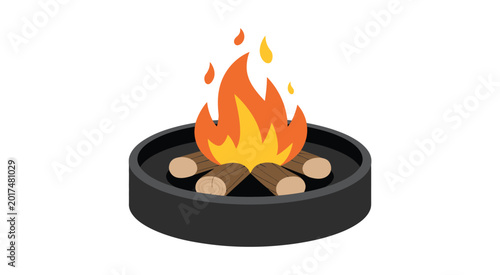 Vector illustration of a colorful campfire with orange flames and wooden logs burning inside a black circular stone fire pit.