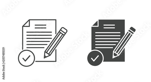 Cuadro en lienzo Document and pencil icon with a check mark symbol in outline on white and filled gray on a dark background, on a two-tone background