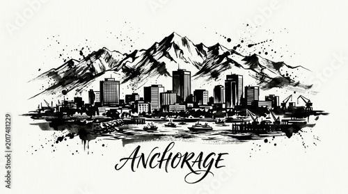 Anchorage skyline silhouette featuring mountain peaks, waterfront elements, and modern city buildings, expressive lettering below reading 