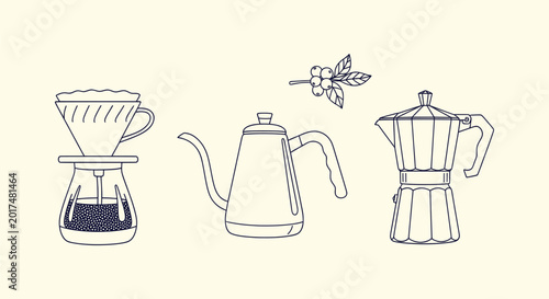Bild auf Leinwand Coffee Brewing Equipment Collection with Pourover Dripper Gooseneck Kettle and M