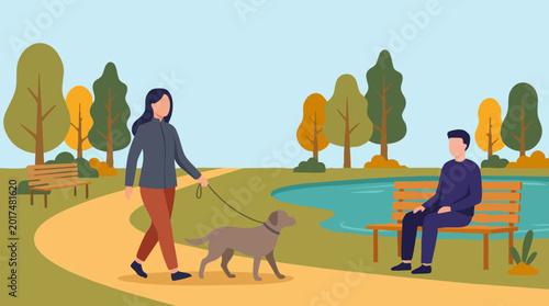 Foto Outdoor park scene with woman walking dog and man sitting by pond